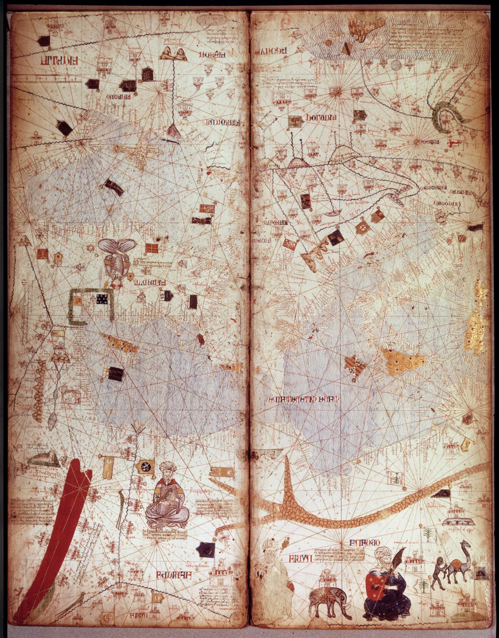 Földközi-tenger földrajzi térképe. Katalán Atlasz (Katalán térkép) (Spanyolország). Abraham Cresques kézirata 1375-ből (Folio 4). BN, Párizs alkotó: Unknown artist