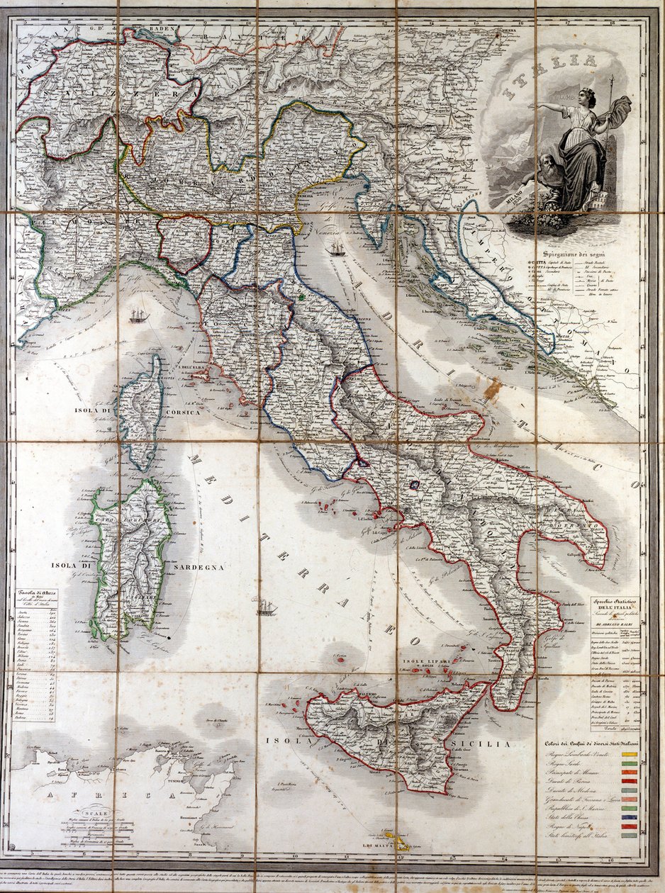 Olaszország 1850-es földrajzi térképe az országot alkotó különböző államok határainak lehatárolásával a Risorgimento előtt. alkotó: Unknown artist