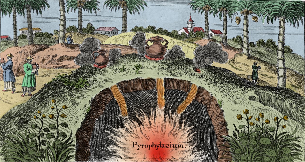 Geológia: a föld kéregének levágása, amely megmagyarázza a tűz kilépését a földből. Johann Zahn (1631-1707) „Mundi Mirabilis Oeconomia” metszete alkotó: Unknown artist
