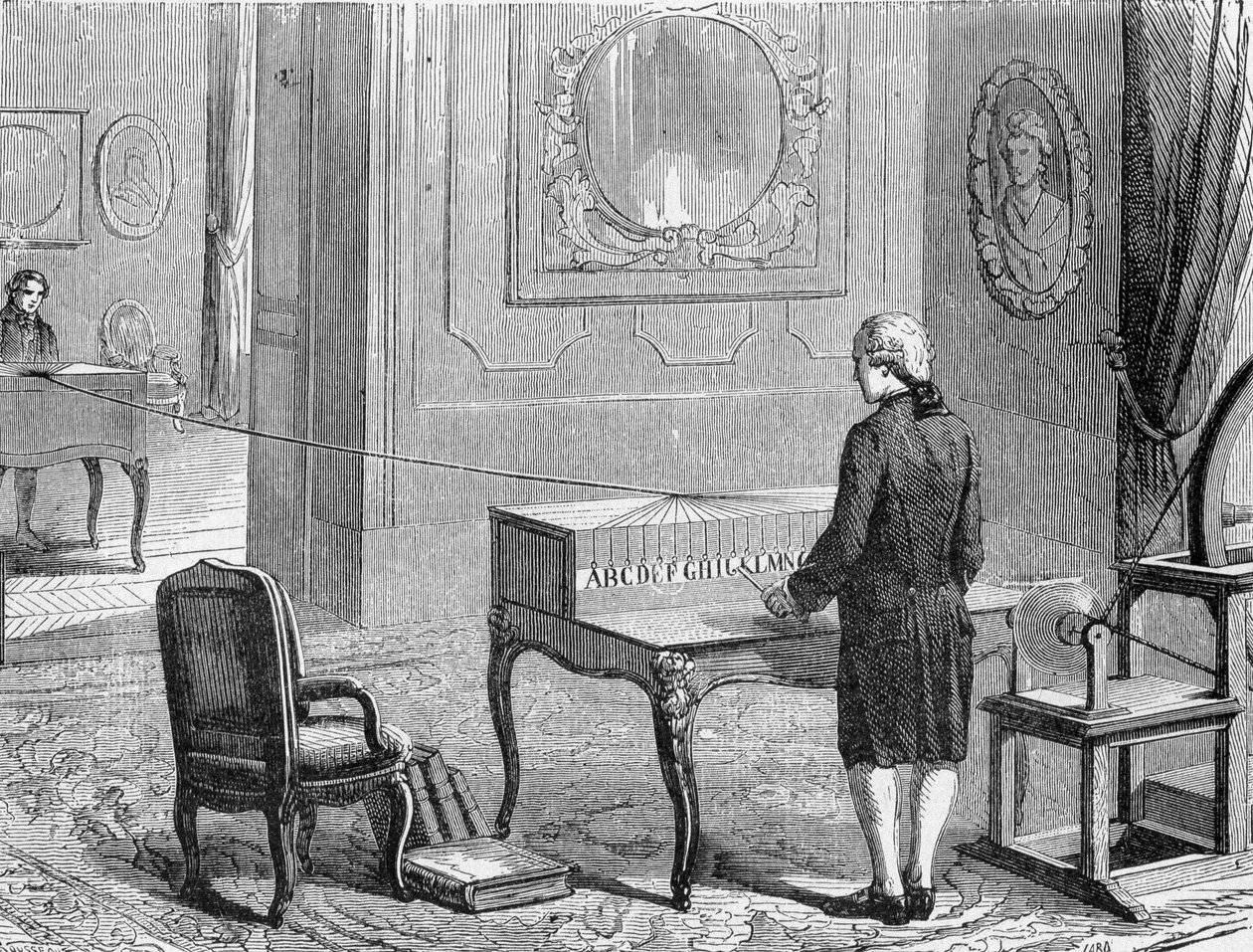 Georges Lesage, az első elektronikus távíró feltalálója egy prototípus előtt. 1774. Metszet 19. század. alkotó: Unknown artist