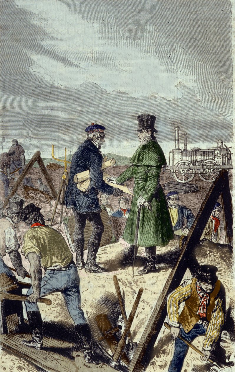 Georges Stephenson (1781-1848), angol mérnök, a Liverpool Manchester Road építője első mozdonyával. alkotó: Unknown artist