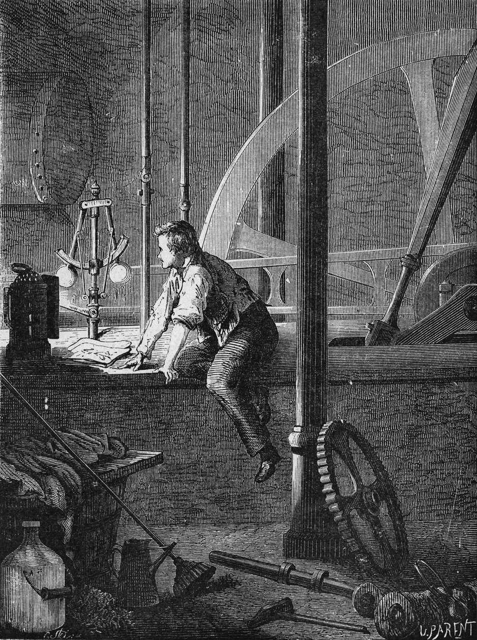 Georges Stephenson, egy sofőr munkás Newcastle-ben szétszereli és megjavítja a gőzgépét. In” Album de la Science”, Éditions Jouvet alkotó: Unknown artist
