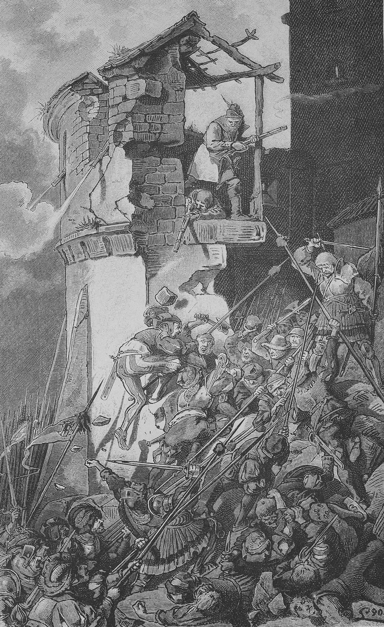 Német parasztháború (1524-1526): Murrhardt pusztítása, egy kisváros a Rems-Murr-körzetben, Stuttgarttól mintegy 40 km-re északkeletre, a Sváb-erdő szívében. alkotó: Unknown artist