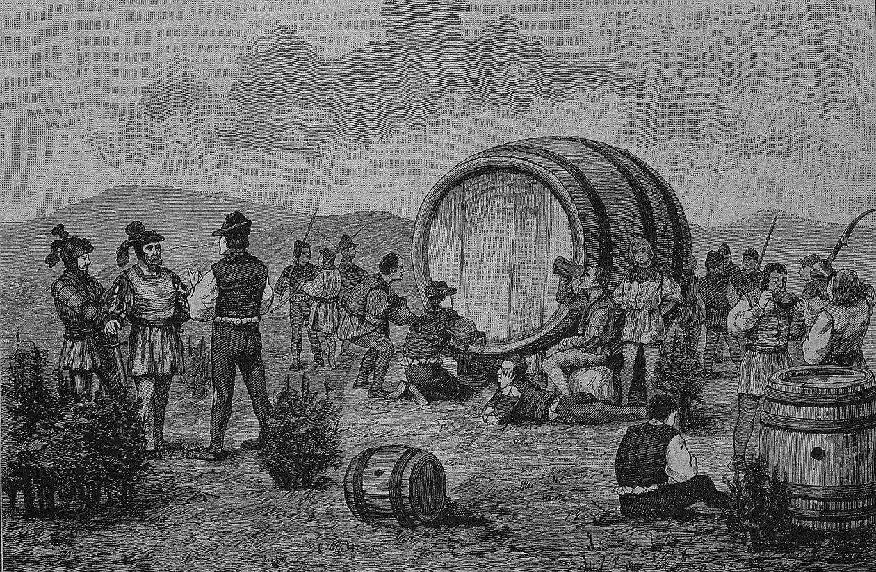 Német parasztháború (1524-1526): Parasztok táboroznak a borókán egy nagy boroshordóval. alkotó: Unknown artist