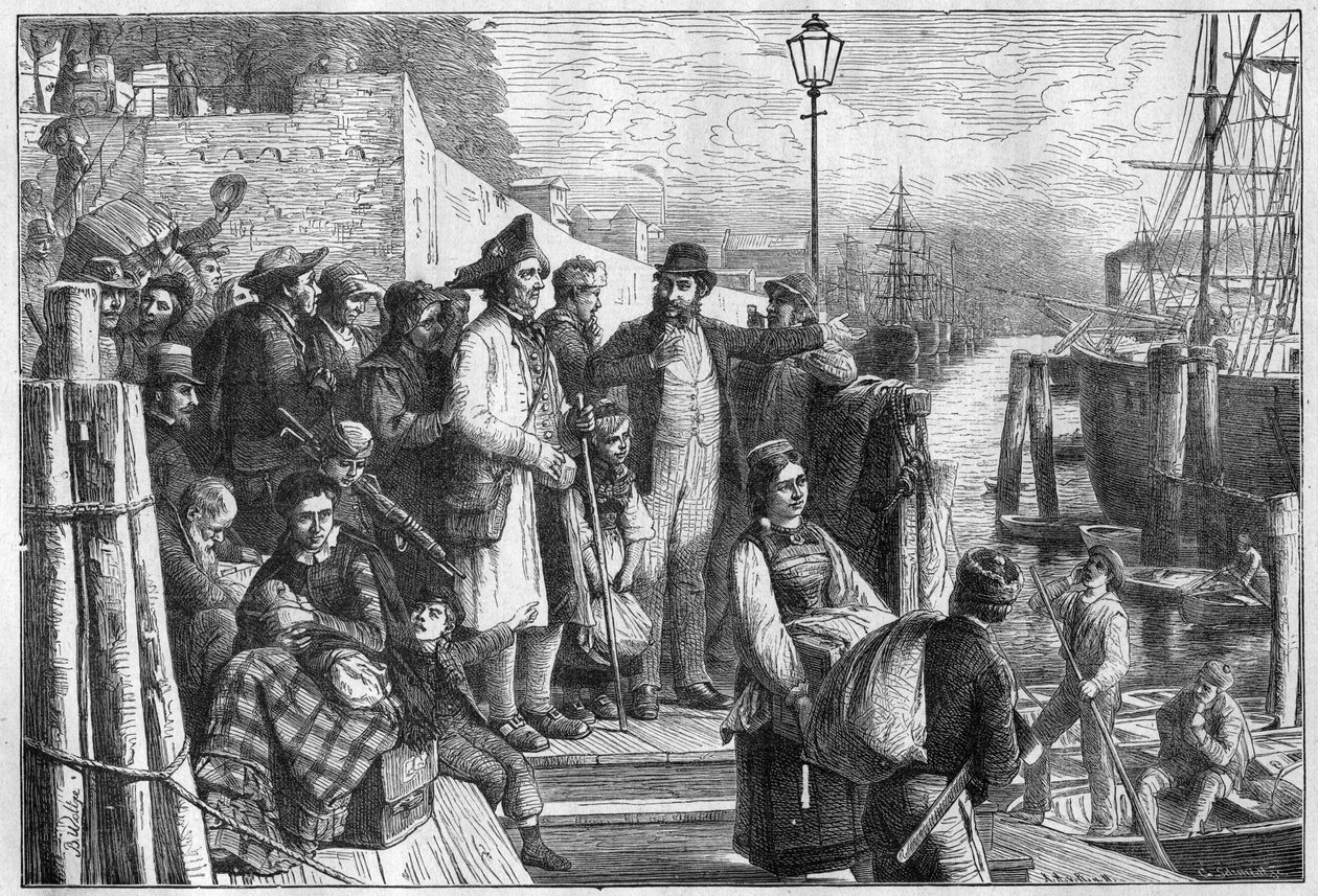 Német emigránsok New Yorkba hamburgi gőzhajóra szállva 1874-ben, metszet - (Deutsche Emigranten) alkotó: Unknown artist