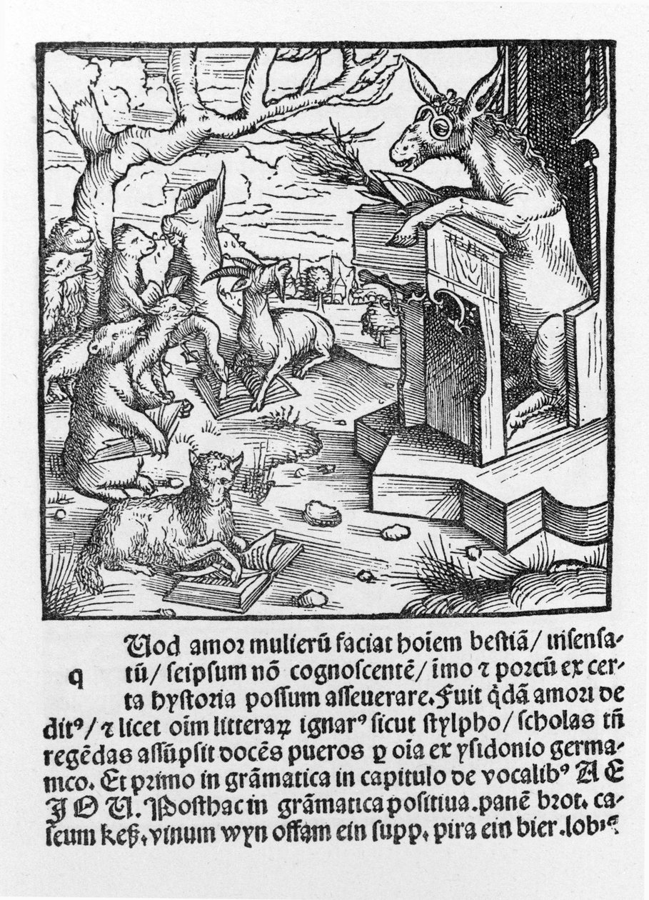 Német kérlelhetetlen, amely egy szamarat ábrázol, aki erdei állatokat tanít. 1490. alkotó: Unknown artist