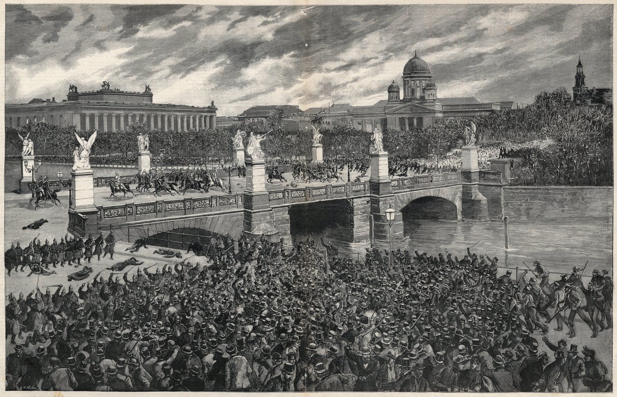 A rendőrség eltakarította a Berlinben lázadó német munkásokat, hogy lehetővé tegyék Vilmos császár áthaladását. alkotó: Unknown artist