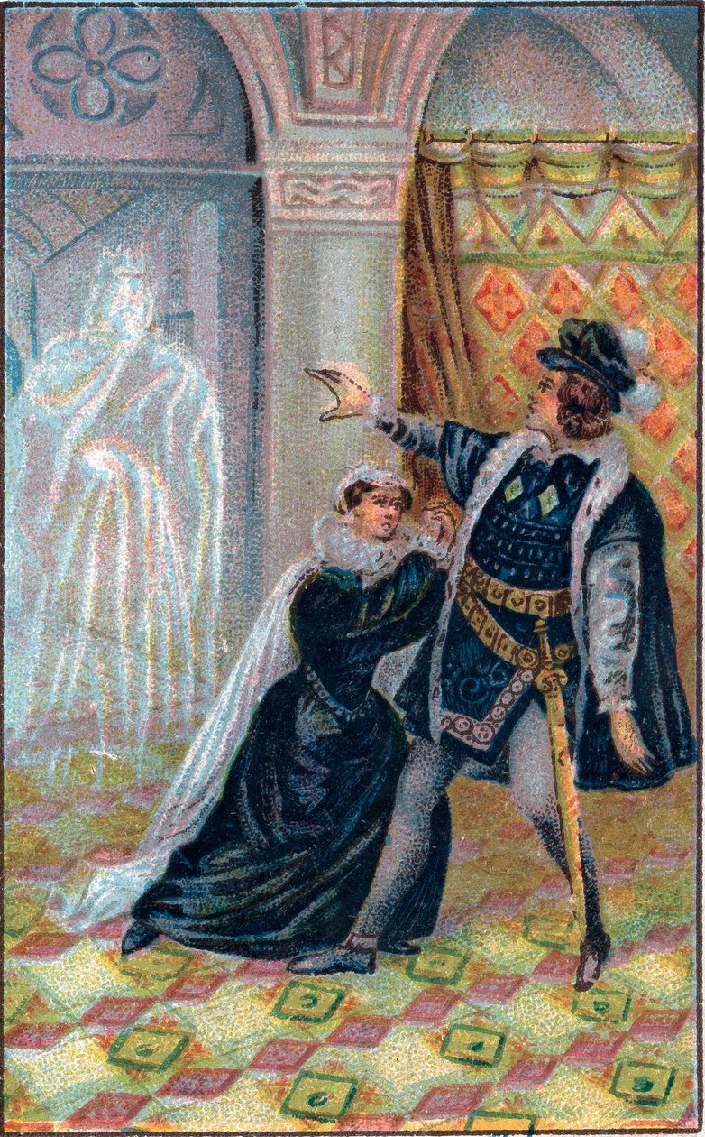 Gertrude, Hamlet és Hamlet apjának szelleme. William Shakespeare „” Hamletjében”. A 19. század végének kromolitográfiája. alkotó: Unknown artist