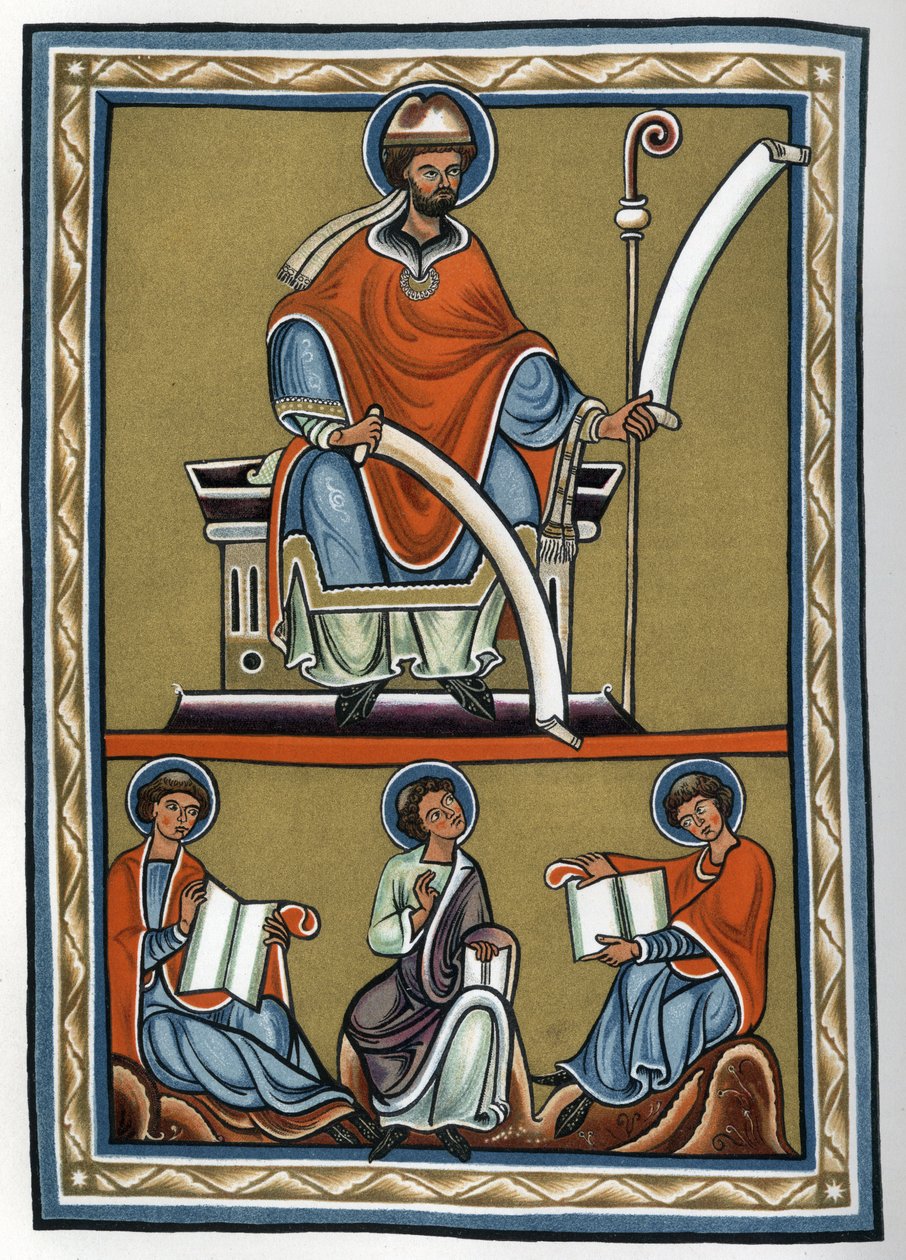 Gilbert de la Porree (Porretanus, tudományos teológus) és tanítványai, Jourdain Fantosme, Yves de Chartres és Jean Beleth. 19. századi fakszimile egy 12. századi miniatúráról a „” Commentary on the De Trinitate de Boece” (Boezio) c. Magángyűjtemény alkotó: Unknown artist