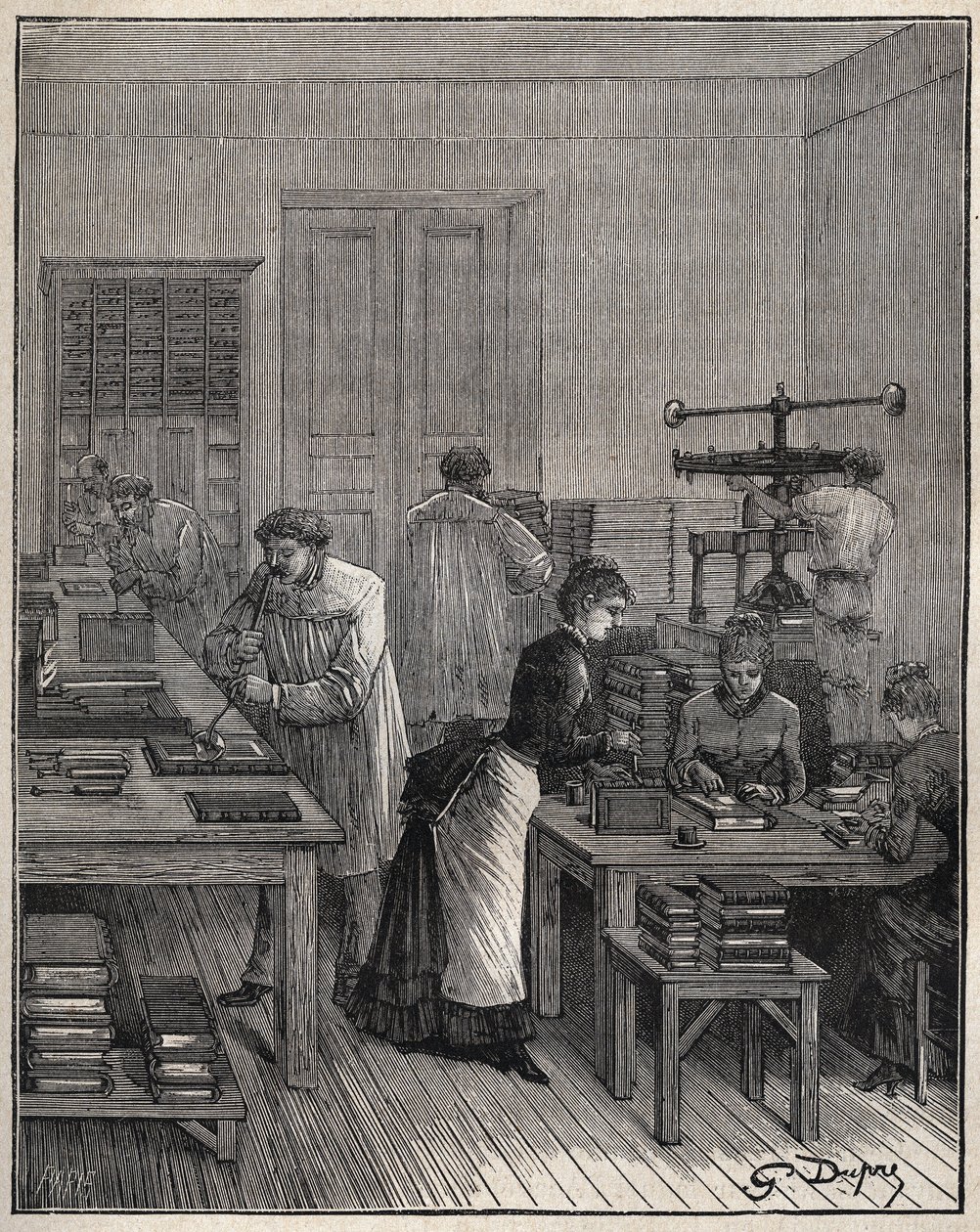 Könyvek (borítók) vasaranyozása egy franciaországi műhelyben a XIX. Metszet 1885-ből Adolphe BITARD „” Les arts et metiers illustres” című könyvébe. alkotó: Unknown artist