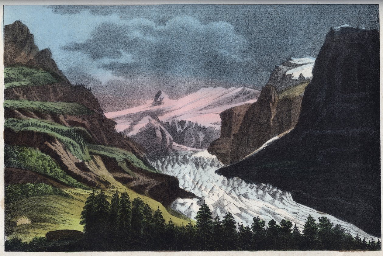 Grindelwald gleccser Svájcban - Svájc, Grindelwald gleccser a 19. században - metszet az Univerzum minden népének szokásairól és hagyományairól. Ez a kormányzás, a törvények, a milícia és az összes nemzet vallásának története alkotó: Unknown artist
