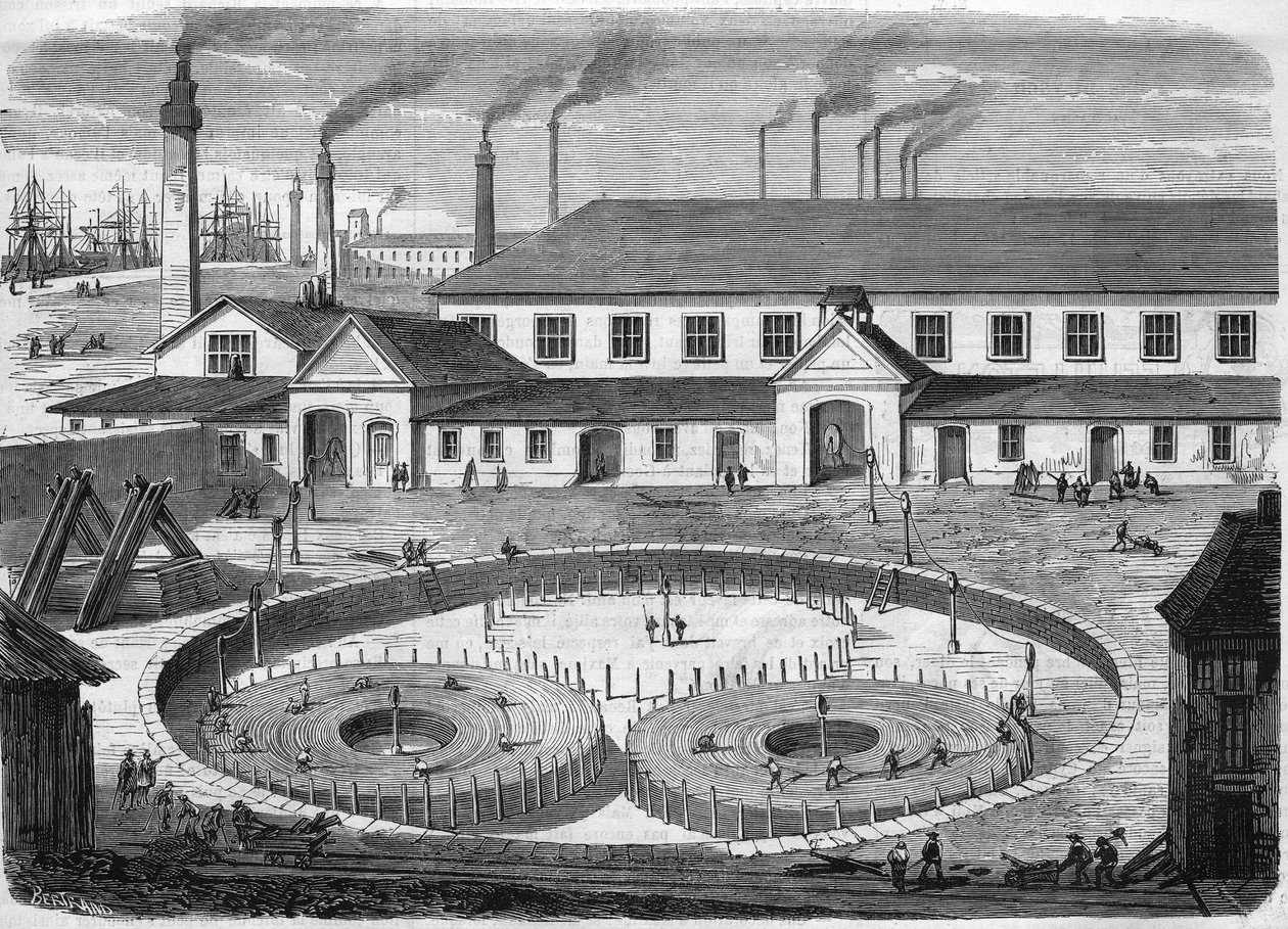 Glass Eiliot elektromos kábelgyár Greenwichben. A kábel feltekercselése a medencékben a „” the leviathan” hajón történő szállítás előtt”. Metszet 1865-ből. alkotó: Unknown artist