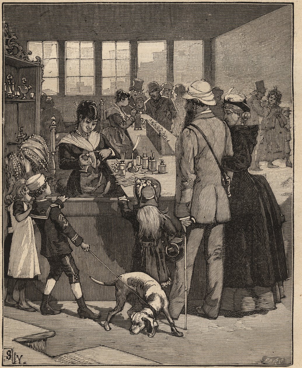 Üvegművészet: turisták, akik egy üveggyárban fújt gyöngyöt vásárolnak Velencében, Olaszországban. Metszet 1885-ből Adolphe BITARD „Les arts et metiers illustres” című könyvében. alkotó: Unknown artist