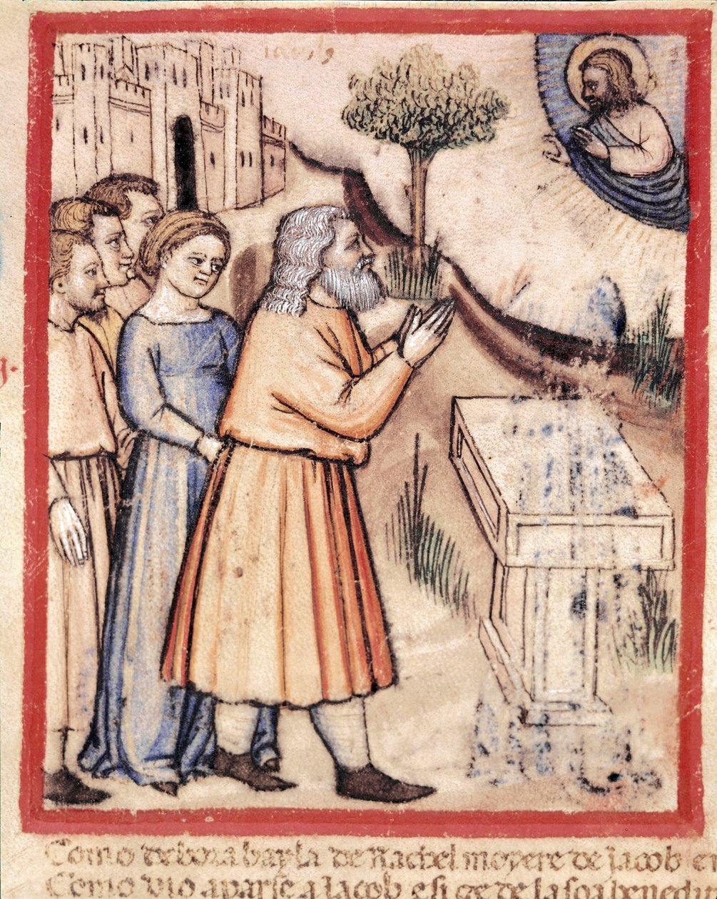 Isten megjelenik Jákobnak, aki egy miniatűr oltárt épített a 212-es kódexből (vagy Padovano kódexből vagy Páduai Bibliából) 1390-1400 Rovigo, Accademia dei Concordi alkotó: Unknown artist
