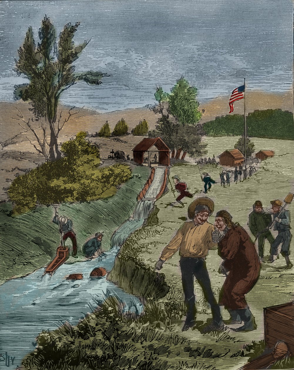 Aranyláz: Aranykeresők Kaliforniában kavicsot mosó patakban szitával, Sutter kapitány felállítása. Metszet 1885-ből Adolphe BITARD „Les arts et metiers illustres” című könyvében. alkotó: Unknown artist