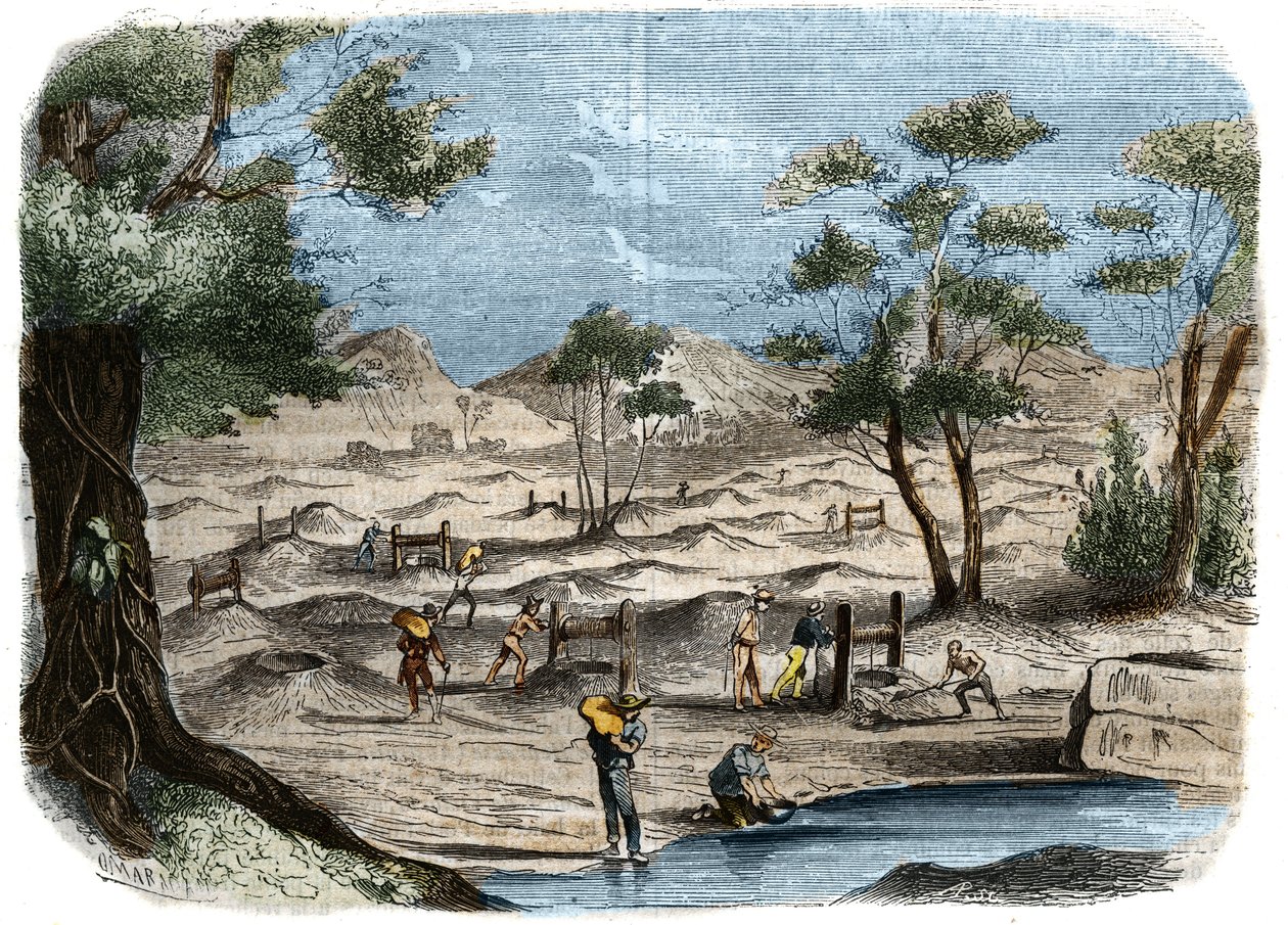 Aranyláz Ausztráliában: kutatók látványa Bendigo város aranymezőin. Metszet 1856-ból a „Le Musee Des Sciences”-ben alkotó: Unknown artist
