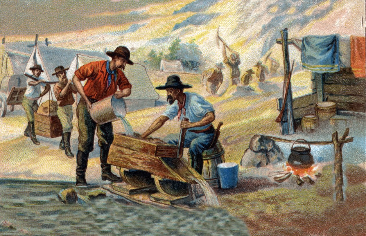 Aranykereső: a kövektől és homoktól elválasztott természetes arany mosási módszere. A 19. század végének kromolitográfiája. alkotó: Unknown artist