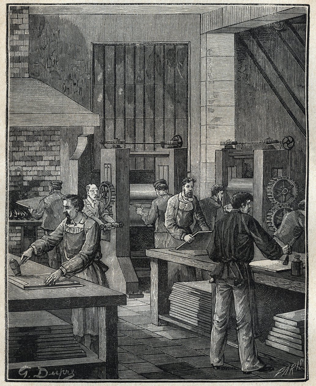 Ötvös: a lemez előkészítése, a fém előkészítése egy speciális ezüsttárgy kivitelezéséhez. Metszet 1885-ből Adolphe BITARD „Les arts et metiers illustres” című könyvében. alkotó: Unknown artist
