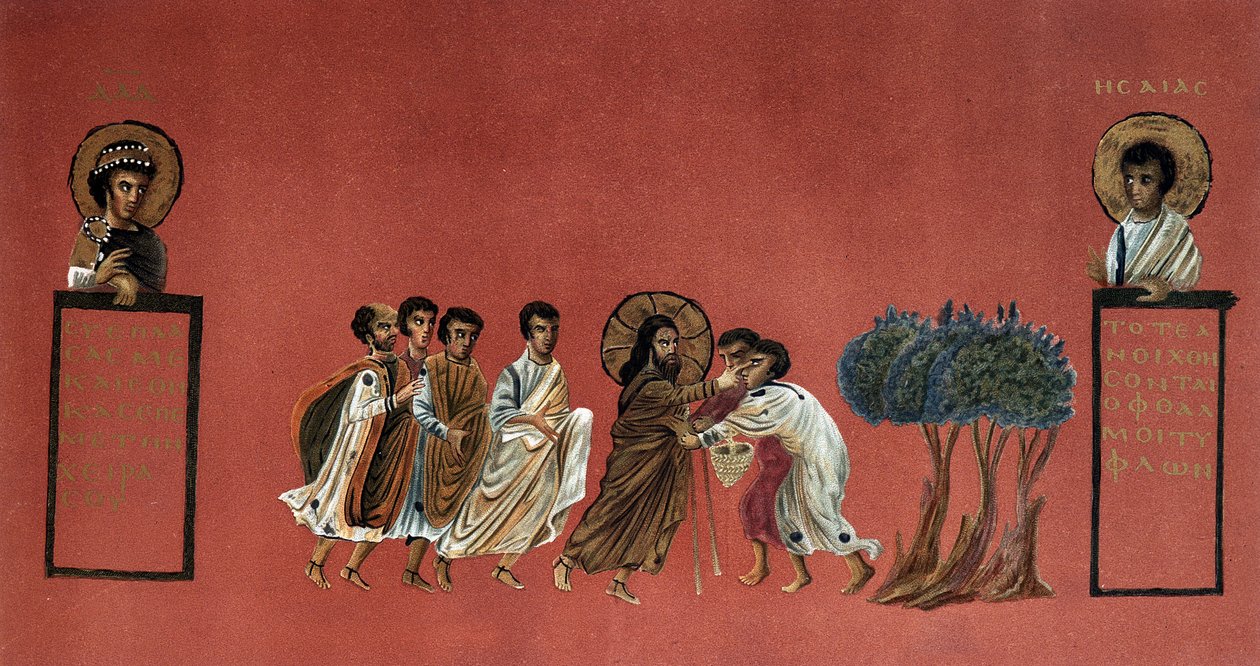 Szent Máté evangéliuma - Jézus csodája a jerikói két vak harcában, 19. századi metszet görög kézirat után. alkotó: Unknown artist