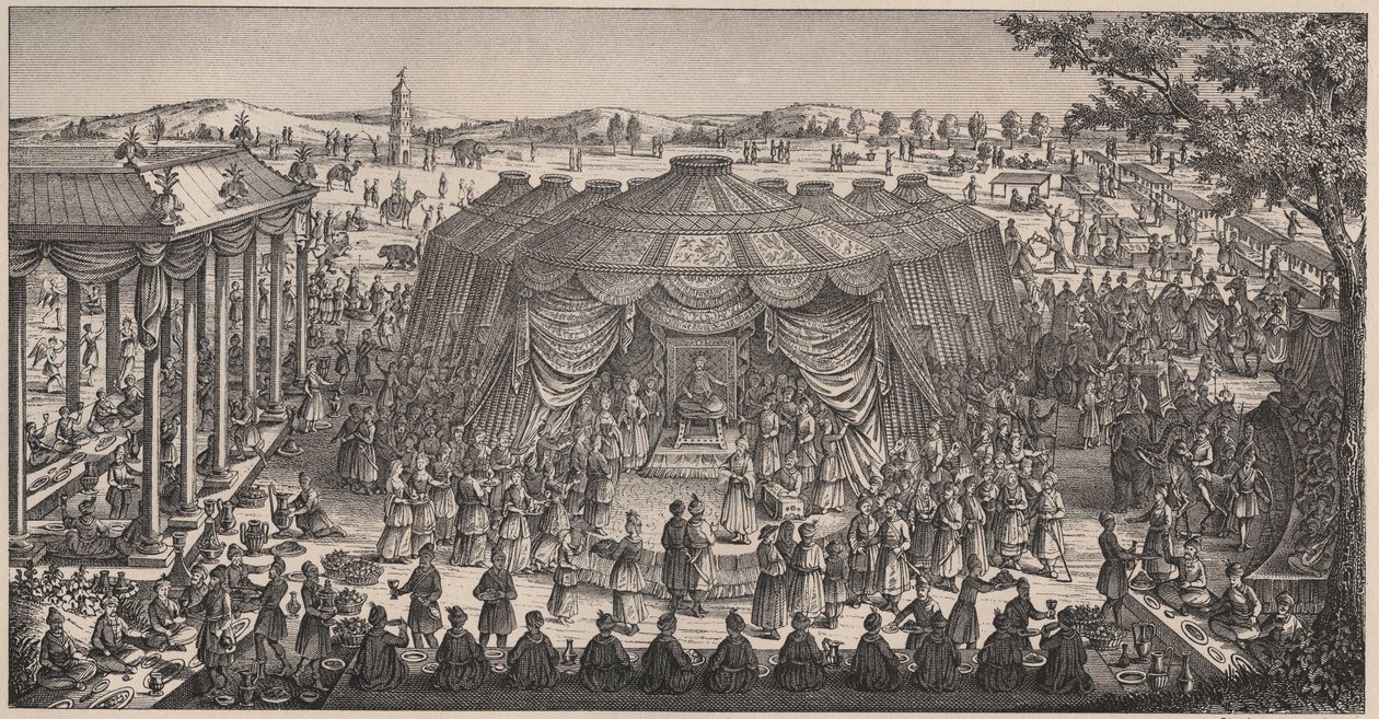 Tamerlan (1336-1405) (vagy Timur Lang, „Timur, a sánta”) nagy bankettet tartott Khani Gheul síkságán unokái házasságának megünneplésére - Metszet 19. század alkotó: Unknown artist