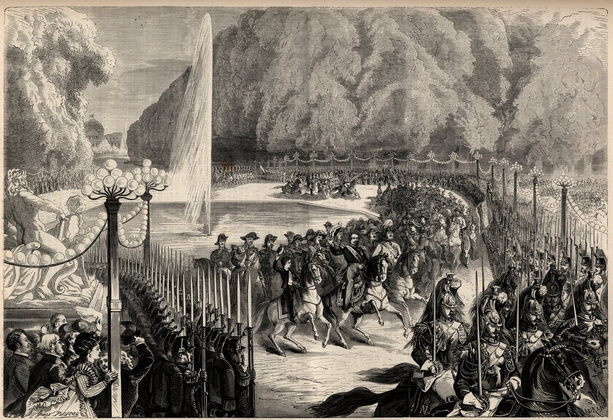 Augusztus 14-i nagy magazin: III. Napóleon császár (1808-1873), majd munkatársai átkelnek a párizsi Tuileriák kertjén. Jobbján fia, Lajos József császári herceg (1856-1879) áll. Metszet a „The Universe illustrious”-ba alkotó: Unknown artist