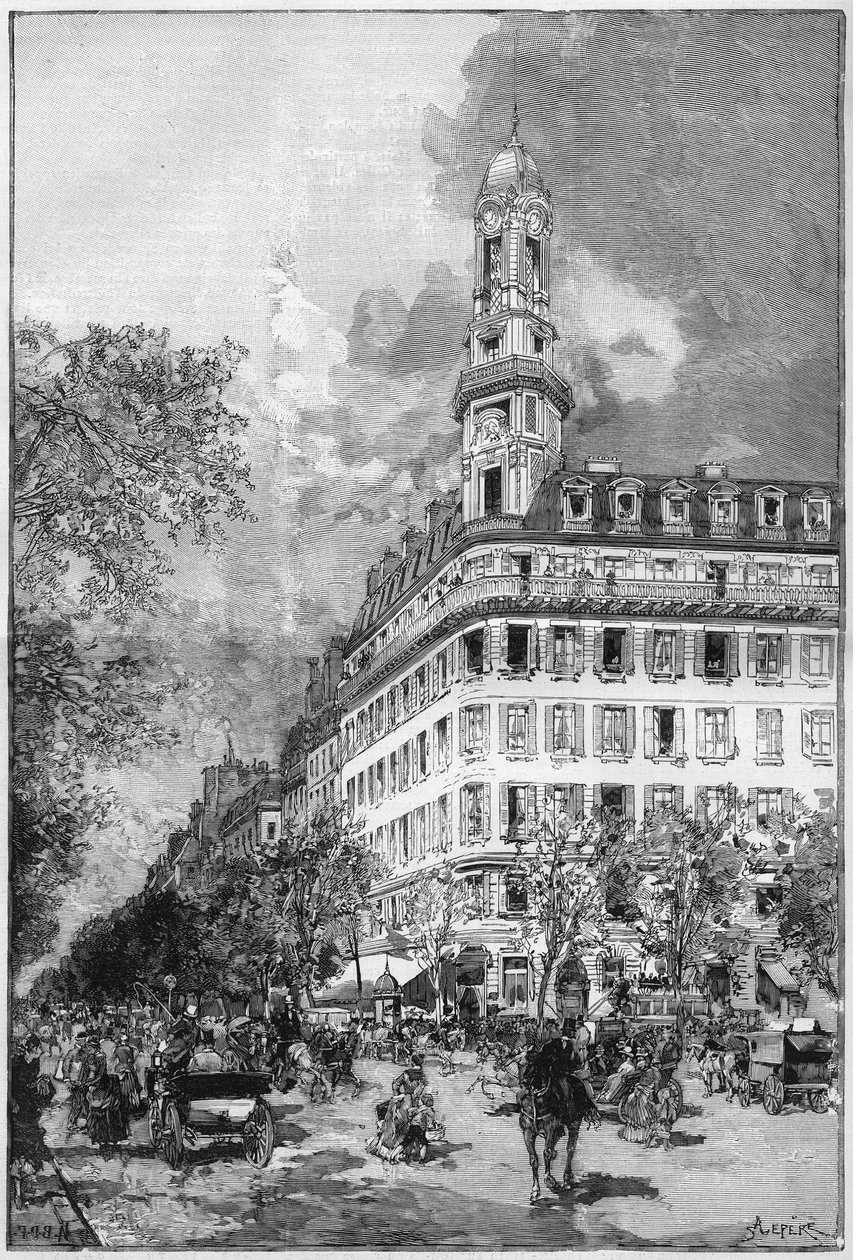 Nagy körutak és Haussmann épületek Párizsban: Hotel de la Compagnie ""La New York"" boulevard des Italiens. Metszet a ""The Illustrious World""-ben alkotó: Unknown artist
