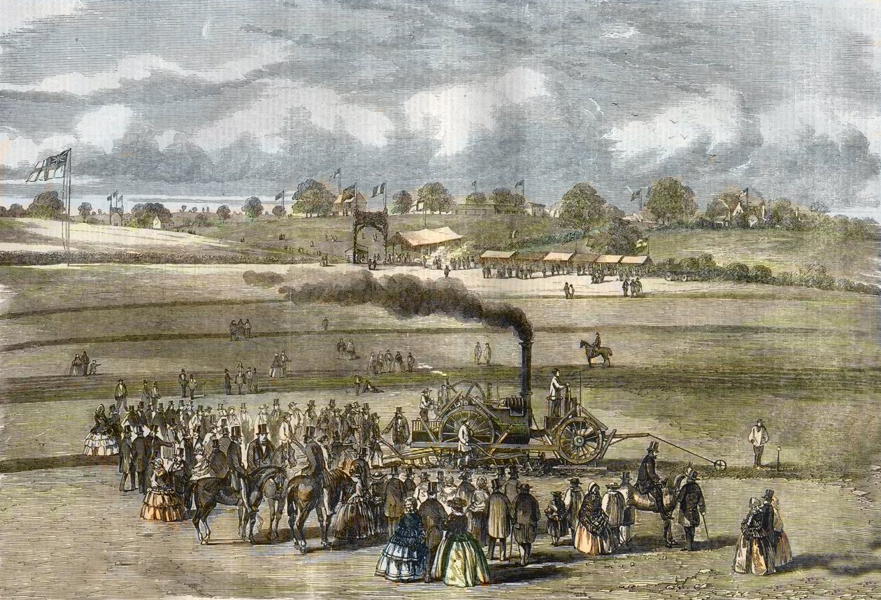 Nagy-Britannia: Mezőgazdaság, szántás jelenet. Boydell gőzeke Louth közelében 1854-ben (gőzszántás Boydell motorjával Louth közelében). alkotó: Unknown artist