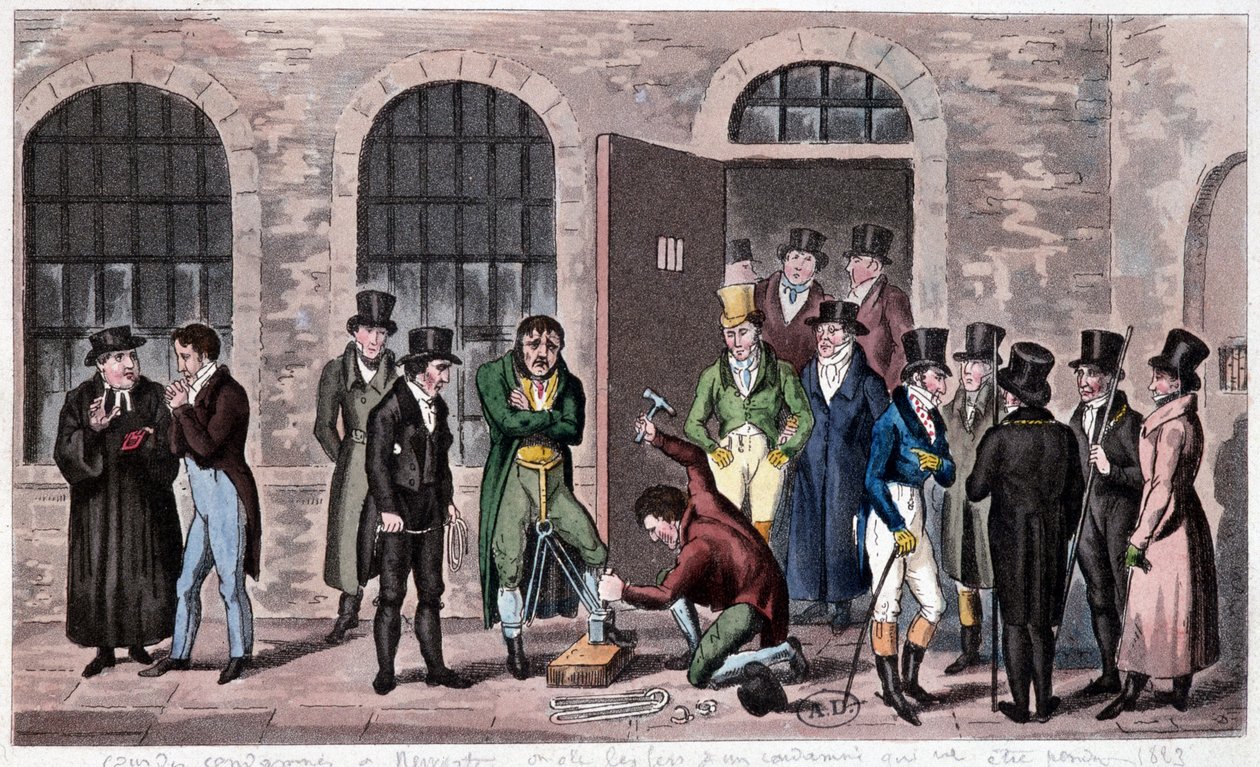 Nagy-Britannia börtöne: A londoni Newgate börtönhöz halálos ítéletet rendeltek (a Charles Dickens-regényekben gyakran hivatkoznak rá). Metszet 1823 körül. Bilbiotheque of Decorative Arts. alkotó: Unknown artist