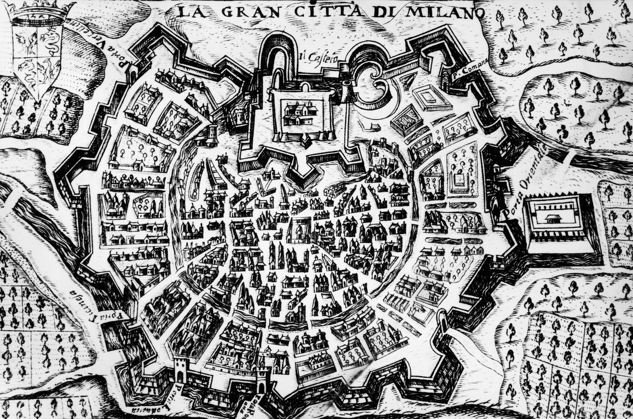 Milánó nagy városa, Milánó térképének gravírozása, Olaszország alkotó: Unknown artist