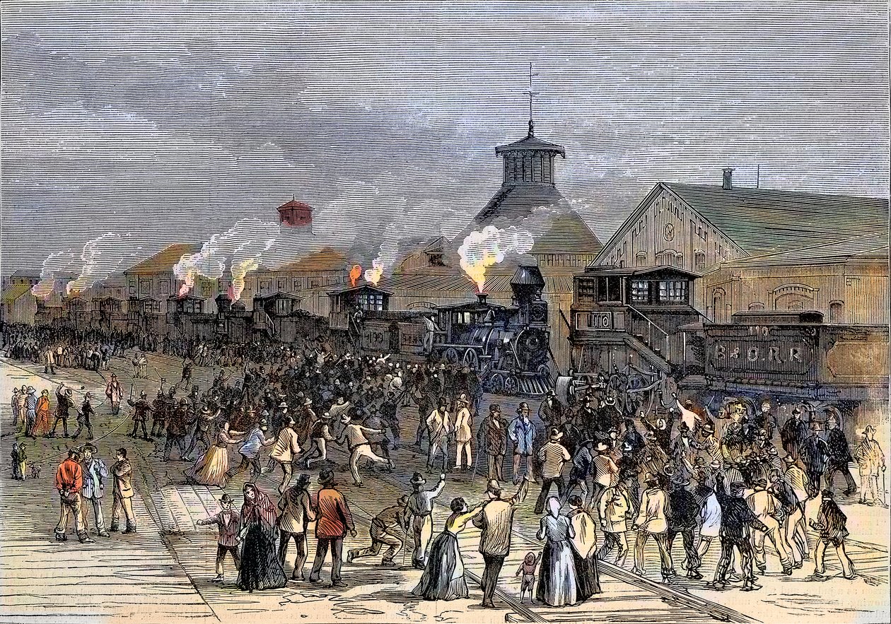 Nagy vasúti sztrájk 1877-ben, hajtóművek blokádja Martinsburgban, Nyugat-Virginia alkotó: Unknown artist