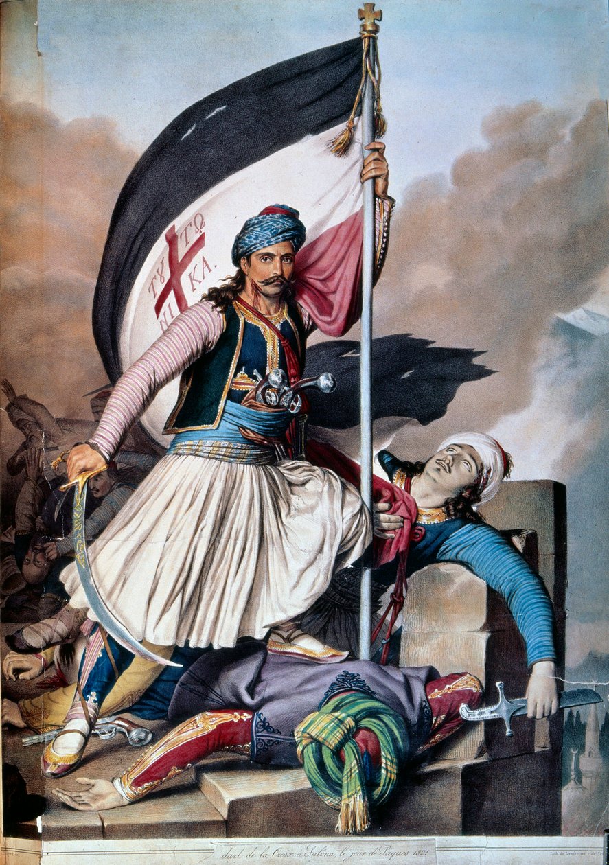 Görög függetlenségi háború az Oszmán Birodalom ellen: az 1821. március 25-i felkelés után Nickolaki Mitropolos a zászlót Salonába emeli. 1821. évi litográfiája. Párizs, Dekoratív művészet alkotó: Unknown artist