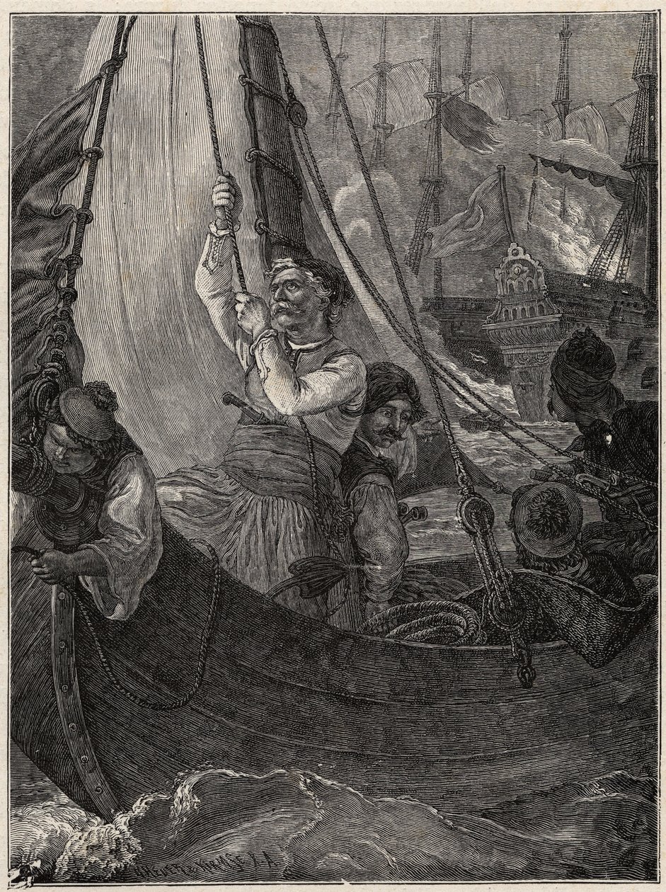 Görög függetlenségi háború 1821-1829: Konstantin (Konstantinos) Kanaris (Konstantinos Canaris) felgyújtotta a török flotta zászlóshajóját Khiosz előtt alkotó: Unknown artist