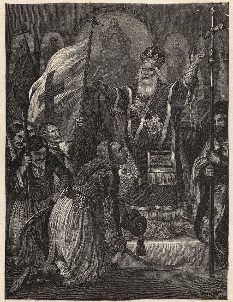 Görög függetlenségi háború 1821 - 1829: III. Germanos (Germain) ópatraszi püspök (Georgios Gotzias) megáldja a szabadságharc zászlaját, Agia Lavra kolostor (Sainte Laure du Peloponnese), 1821. március 21. - festés utáni metszet alkotó: Unknown artist