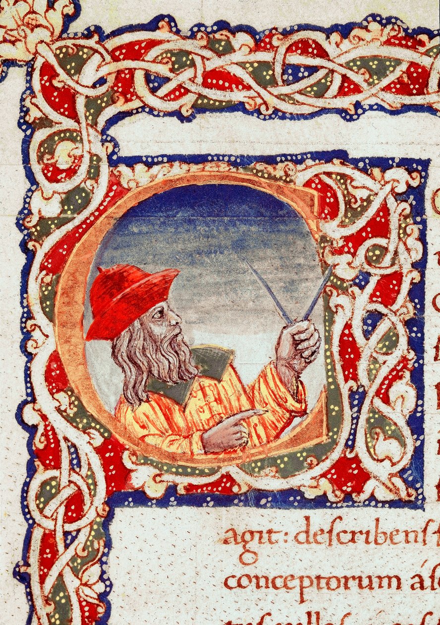 Claude Ptolemeus (Claudius Ptolemaeus) görög csillagász (i.sz. 90 körül – 168 körül) egy komppa segítségével számításokat végez. Miniatűr a „” Cosmographia”-ból” (Ms. V.F. 32 f.2r) Nápoly, Nemzeti Könyvtár alkotó: Unknown artist