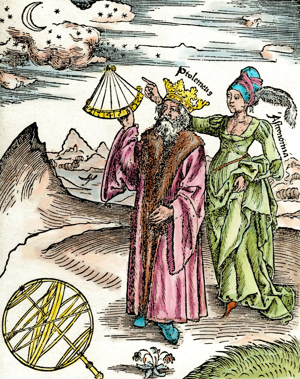 Claude Ptolemaeus (Claudius Ptolemaeus) görög csillagász (i.sz. 90-168 körül) szextáns és csillagászat segítségével. Metszet 1503-ból. Magángyűjtemény alkotó: Unknown artist