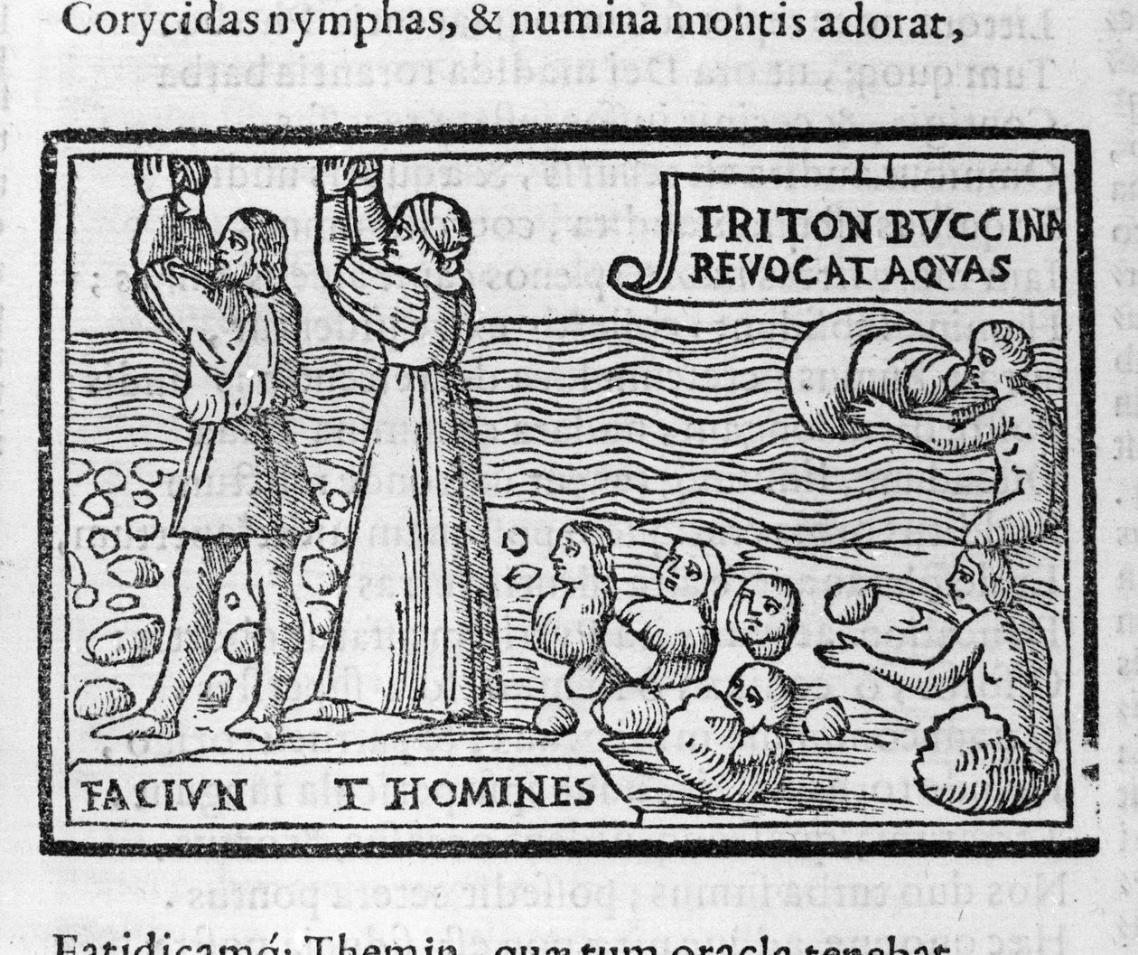 Görög mitológia: Deucalion és Pyrrha köveket dobálnak, amelyek az özönvíz után embert szülnek, hogy benépesítsék a Földet. századi xilográfia alkotó: Unknown artist