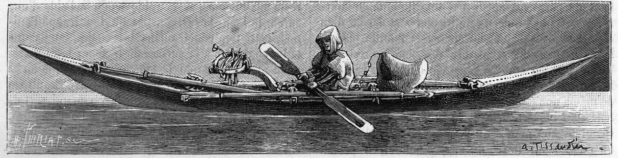 Grönlandi kiállítás a Földrajzi Társaságban, Párizs: Eszkimók által készített kajakmodell. Metszet a „természetbe”: 1889. február 16-i áttekintés a tudományokról és alkalmazásukról a művészetben és az iparban. alkotó: Unknown artist