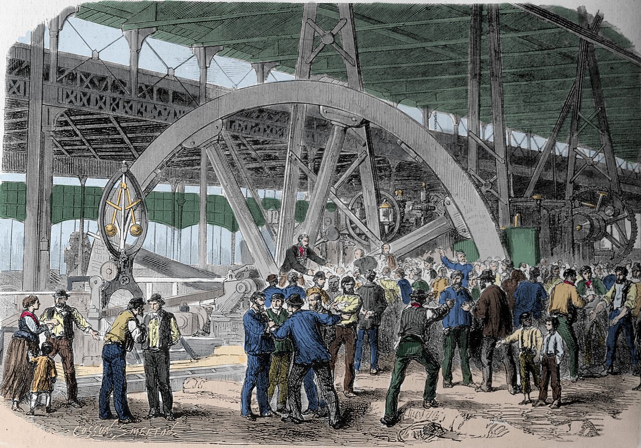 Greve du Creusot. A munkások egyeztetése a műhelyekben, fizetéskor. 19. század. alkotó: Unknown artist