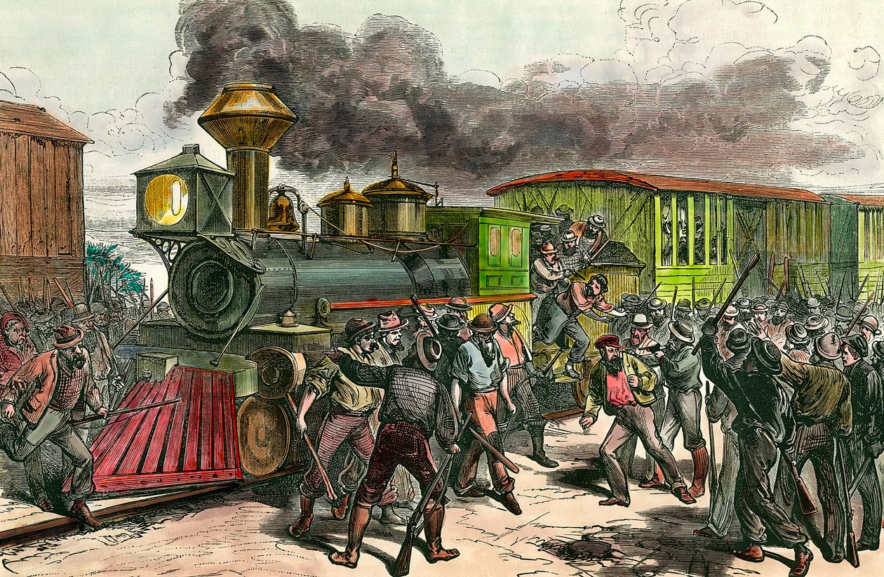 Greve a Baltimore-t összekötő vasútvonalon (Ohio állam) A munkások sofőröket és mérnököket üldöznek egy Baltimore-ba tartó vonatról. 1877 19. századi metszet Magángyűjtemény alkotó: Unknown artist