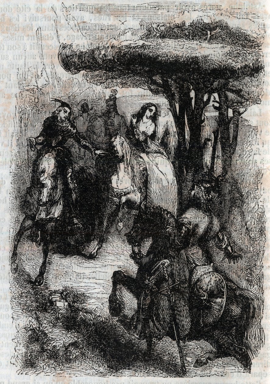 Griffon találkozik az Origille-vel – Ludovico Ariosto (Orlando furioso) 1851-es metszete a „" Furious Roland"-tól (Orlando furioso) (16. század), Ariosto néven ismert - Tressan gróf olasz nyelvről fordított kiadása, és Gustave Harvard adta ki 1851-ben. alkotó: Unknown artist