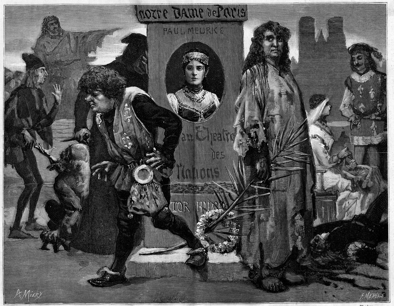 Gringoire, Quasimodo, La Esmeralda, La Sachette és Phoebus. Főszereplők a Theater des Nations-ben képviselt „” Notre Dame de Paris” című színházi darabban, Paul Meurice (1912-1979) drámájában, Victor Hugotól (1802-1885). Metszet a „” Le Monde illust alkotó: Unknown artist