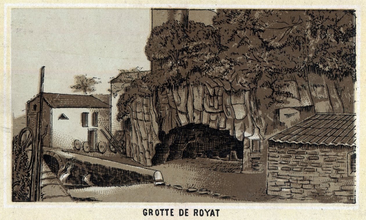 Grotte de Royat (Puy-de-Dome és Auvergne régió). A 19. század végének kromolitográfiája. alkotó: Unknown artist