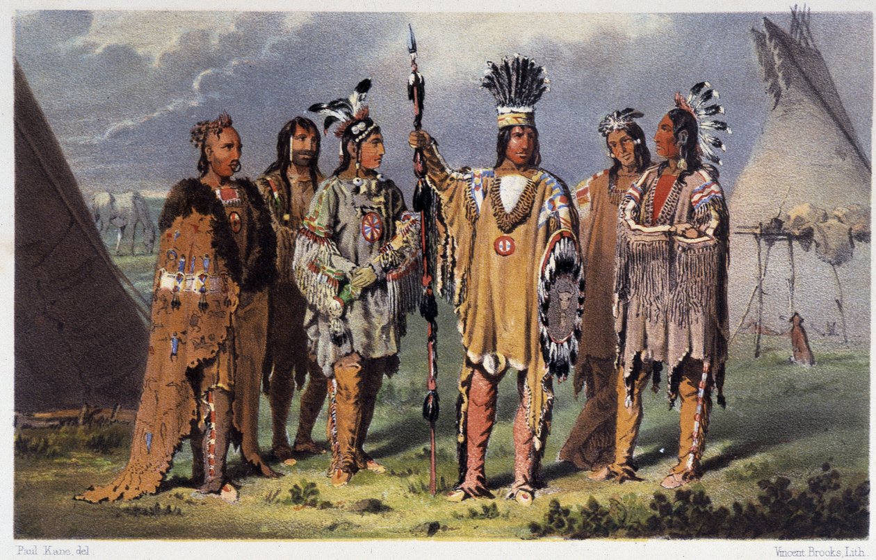 Hat indián törzsfőnök csoportja – Paul Kane, Longmans & Roberts, London „Egy művész vándorlása észak-amerikai indiánok között” című filmjében alkotó: Unknown artist
