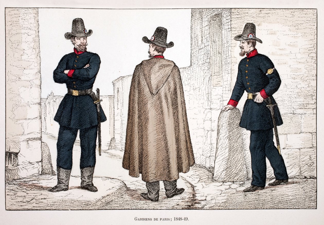 A béke őrzői (1848-1849). Színes rézkarc, illusztrációként „” A békefenntartók hadtestének története”” című könyv Louis Lepine (1846-1933) Szajna menti rendőrprefektus gondozásában jelent meg Alfred Rey (1864-?) és Louis Feron gondozásában. alkotó: Unknown artist