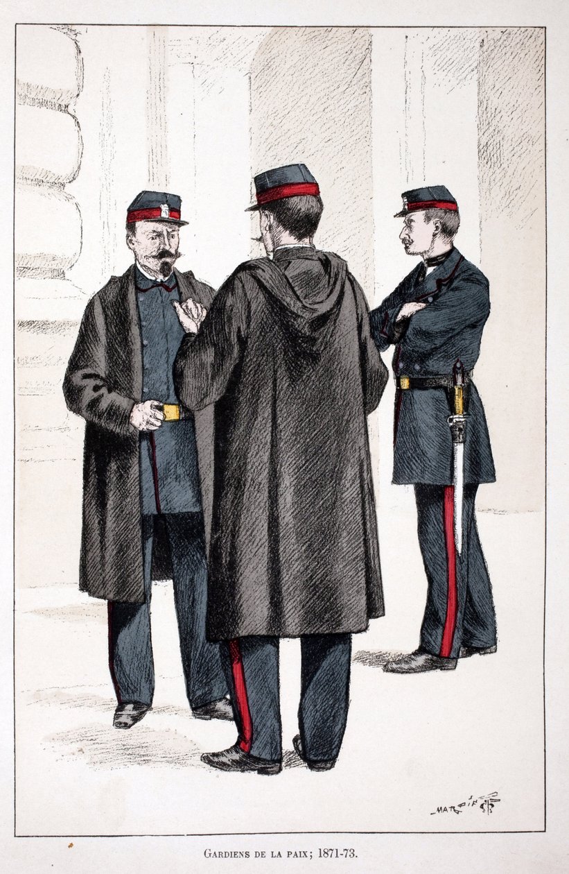 A béke őrzői (1871-1873). Színes rézkarc, illusztrációként „” A békefenntartók hadtestének története”” című könyv Louis Lepine (1846-1933) Szajna menti rendőrprefektus gondozásában jelent meg Alfred Rey (1864-?) és Louis Feron gondozásában. alkotó: Unknown artist