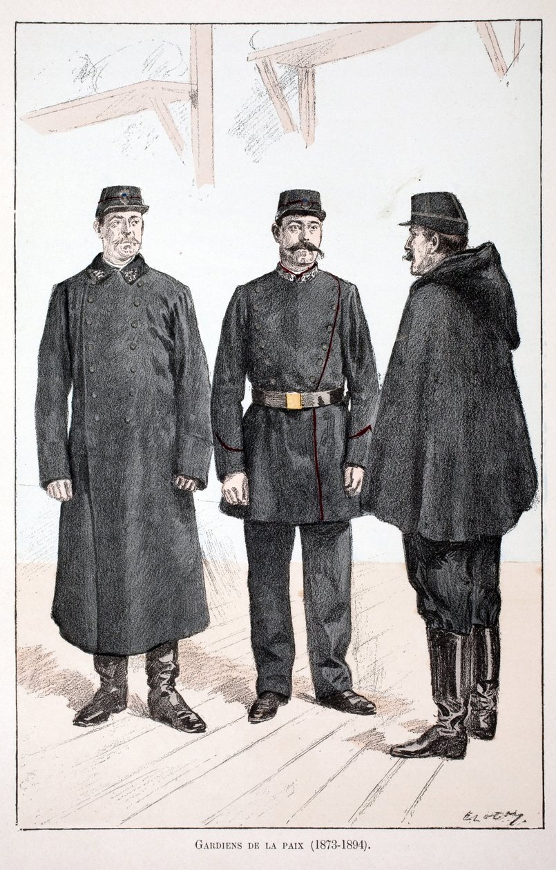 A béke őrzői (1873-1894). Színes rézkarc, illusztrációként „” A békefenntartók hadtestének története”” című könyv Louis Lepine (1846-1933) Szajna menti rendőrprefektus gondozásában jelent meg Alfred Rey (1864-?) és Louis Feron gondozásában. alkotó: Unknown artist