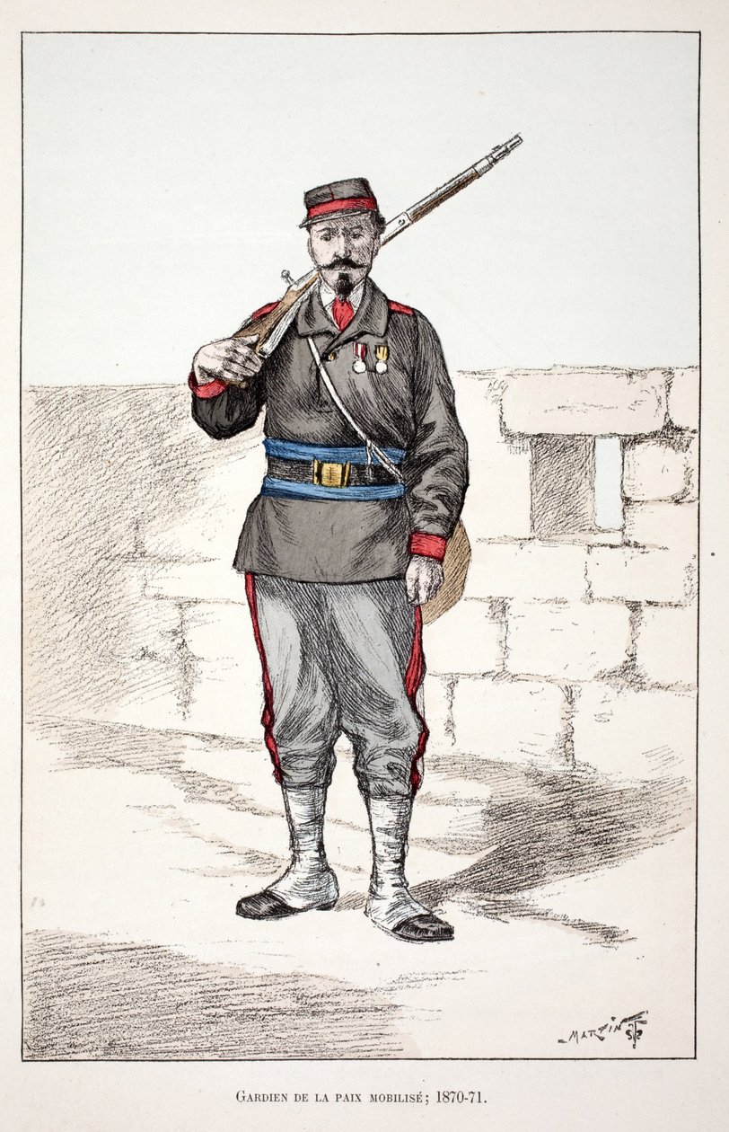 A béke őrei mozgósítanak (1870-1871). Színes rézkarc, illusztrációként „” A békefenntartók hadtestének története”” című könyv Louis Lepine (1846-1933) Szajna menti rendõrség prefektusa gondozásában jelent meg, Alfred Rey (1864-?) és Lo. alkotó: Unknown artist
