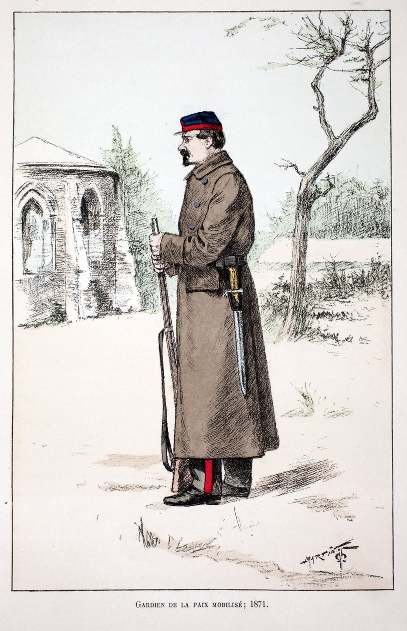 A béke őrzői mozgósít (1871). Színes rézkarc, illusztrációként „” A békefenntartók hadtestének története”” című könyv Louis Lepine (1846-1933) Szajna-menti rendészeti prefektus gondozásában jelent meg, Alfred Rey (1864-?) és Louis F. alkotó: Unknown artist