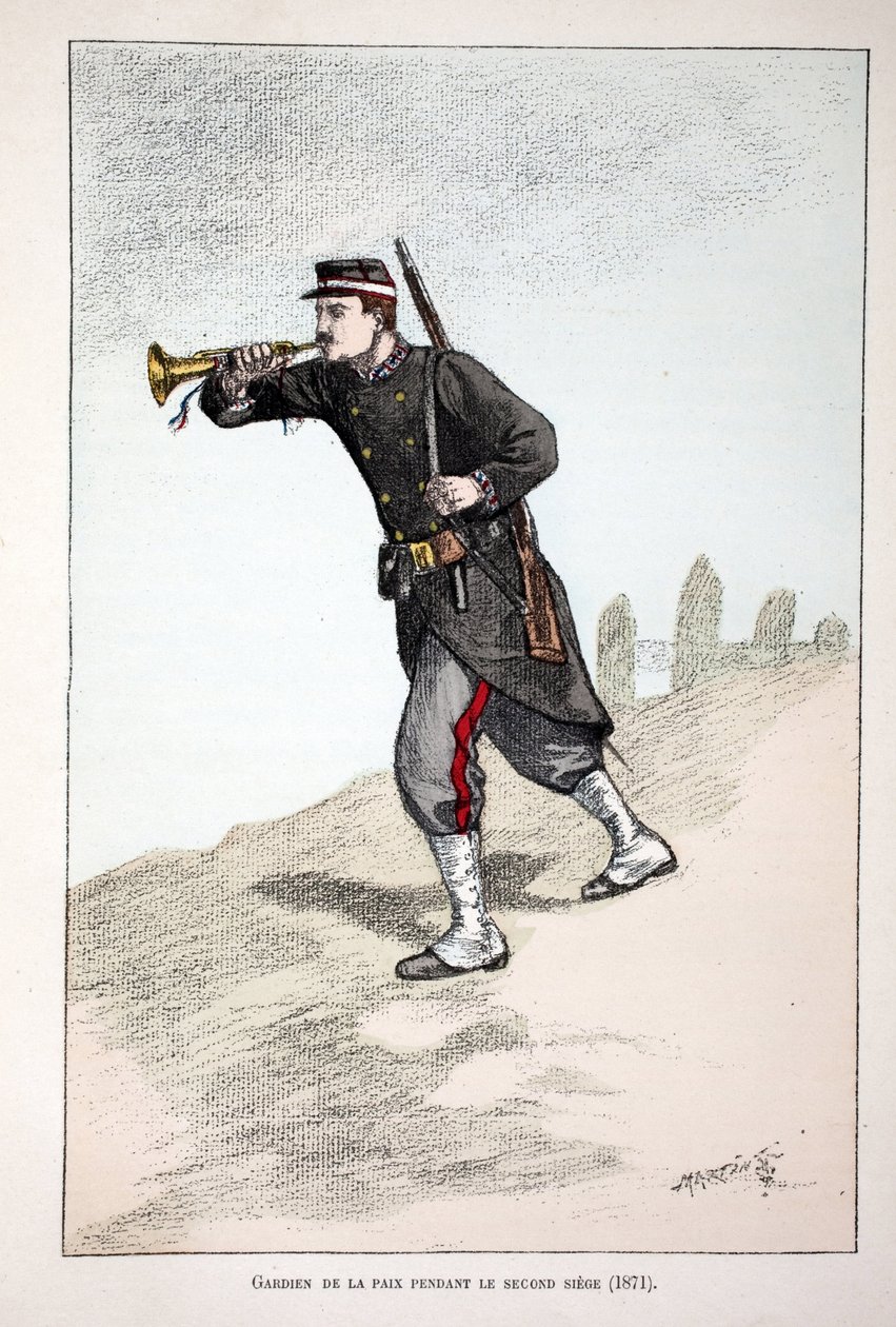 A béke őrei a párizsi kommün második székhelyén (1871). Színes rézkarc, illusztrációként „A békefenntartók hadtestének története”” című könyv, amely Louis Lepine (1846-1933) Szajna menti rendőrprefektusa gondozásában jelent meg, alkotó: Unknown artist
