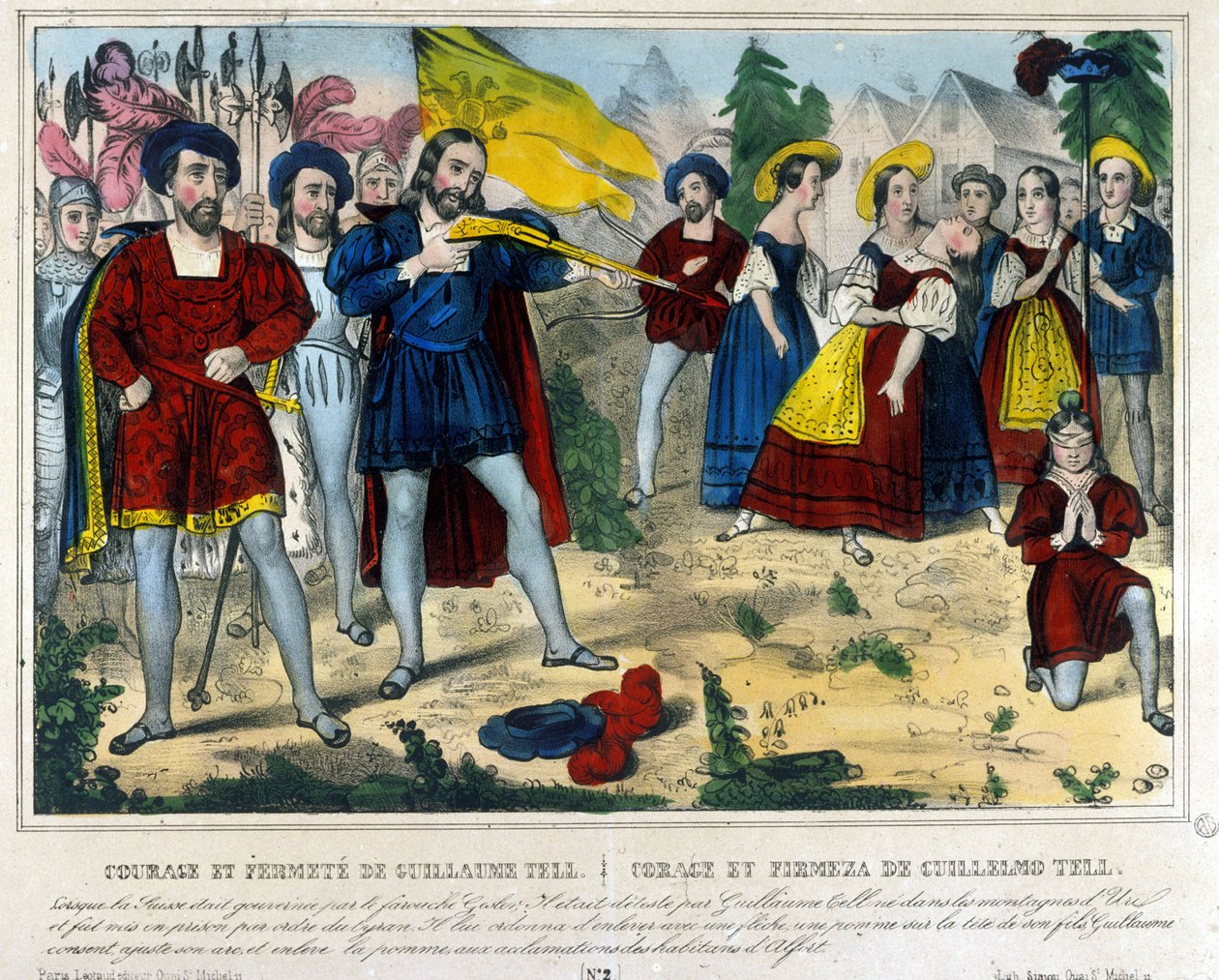 Guillaume Tell (William Tell) (a svájci függetlenség legendás hőse). A barbár Gesler arra kényszeríti Guillaume Tellet, hogy egy nyíllal távolítsa el a gyermeke fejére helyezett almát. 19. századi metszet alkotó: Unknown artist